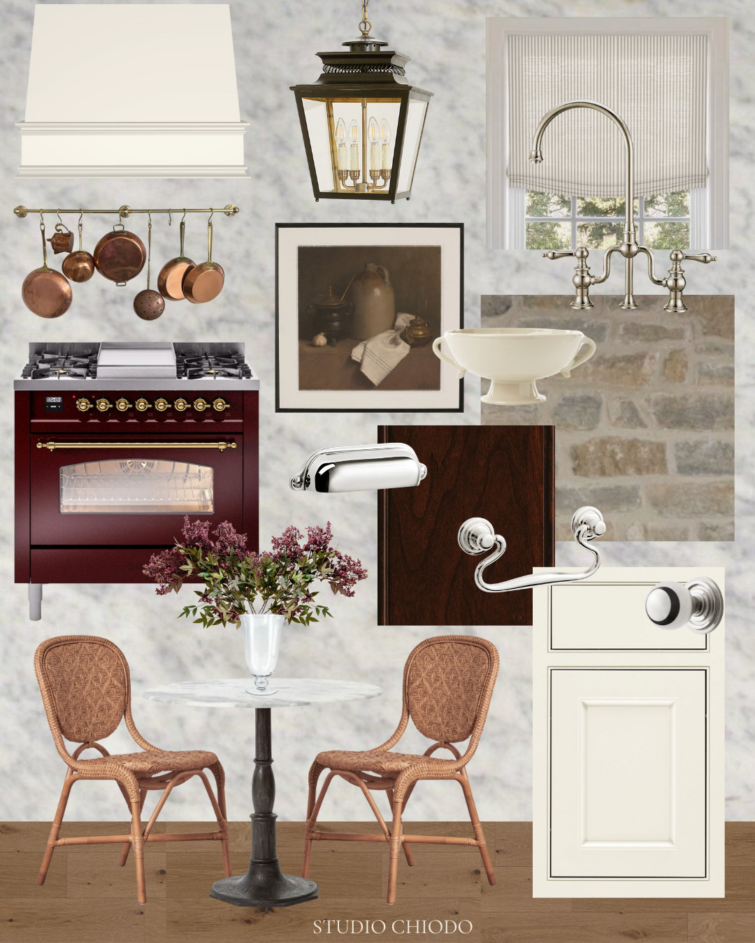 French country inspired kitchen! 

Cabinetry: Dura Supreme Chestnut on cherry wood stain paired with creamy white cabinets.

Counters: carrara marble; 

ILVE Nostalgie II 36" Dual Fuel Natural Gas Range in Burgundy with Brass Trim
 

 #LTKHome