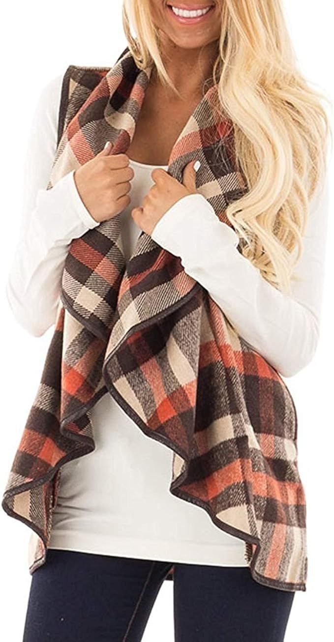 Imysty Womens Casual Open Front Sleeveless Plaid Vest Lapel Cardigan Jackets with Pockets | Amazon (US)