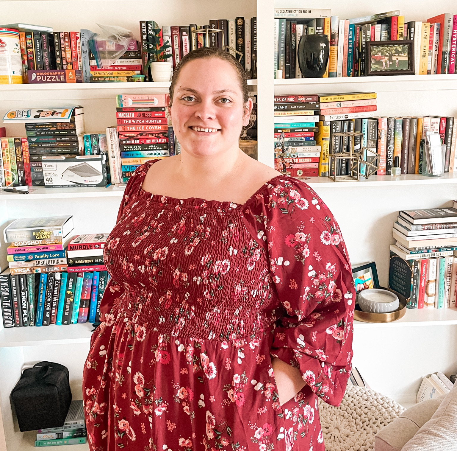 Floral dress, off-shoulder dress, plus-size dress, reading room,  book shelves, Bloomchic, maxi dress, long sleeve dress, fall dress, fall outfit, plus-size fall outfit

#LTKplussize #LTKSeasonal #LTKfindsunder50