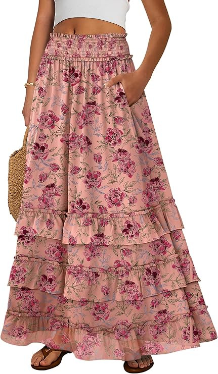 ANRABESS Maxi Skirts for Women Summer Boho Tiered Flowy Elastic High Waist Beach Long Skirt Casua... | Amazon (US)