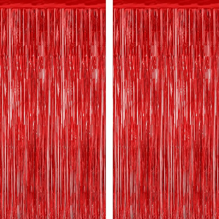 2 Pack Red Tinsel Backdrop, 3.28 FT x 7.05 FT Fringe Curtains, Red Foil Tinsel Party Streamer Bac... | Amazon (US)
