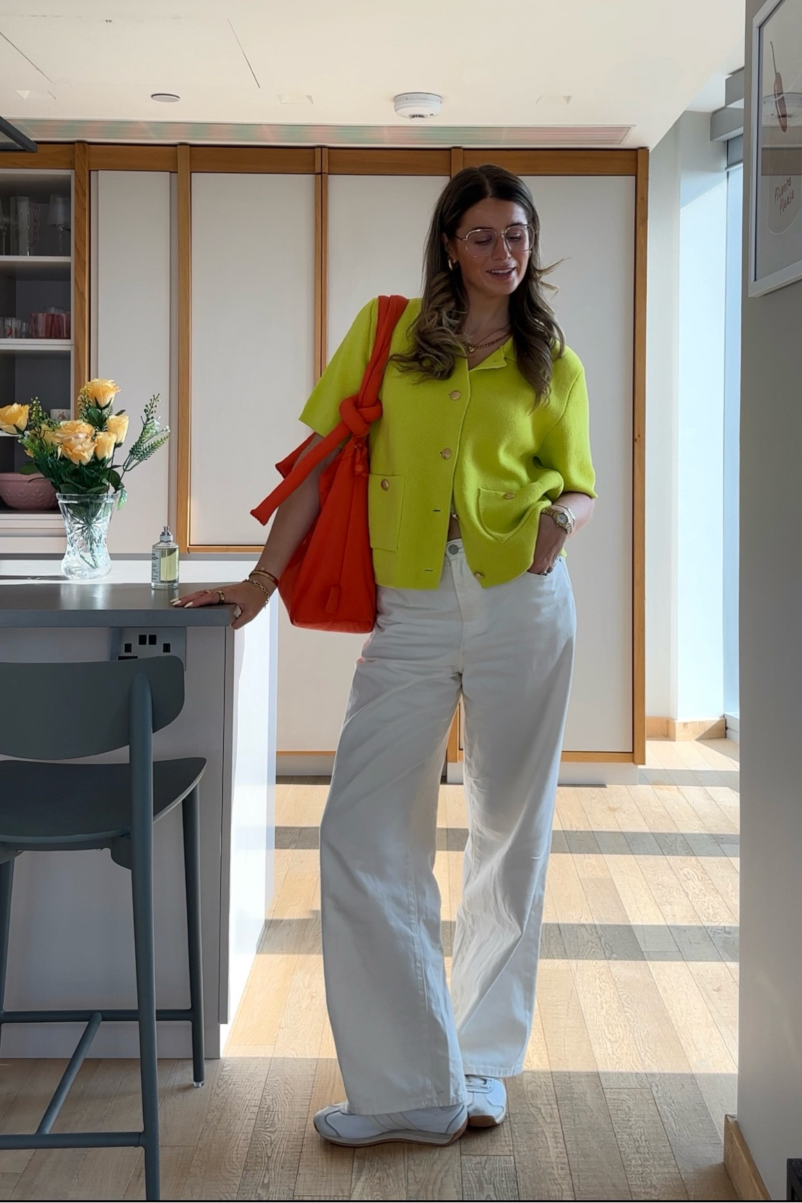lime Zara cardigan mini shirt gold detailing hardware buttons, white built in bra Uniqlo airism vest, white denim dad style jeans, white adidas originals country OG’s gold glasses jewellery, summer outfit work wear office outfits capsule wardrobe basics 

#LTKstyletip #LTKworkwear #LTKuk