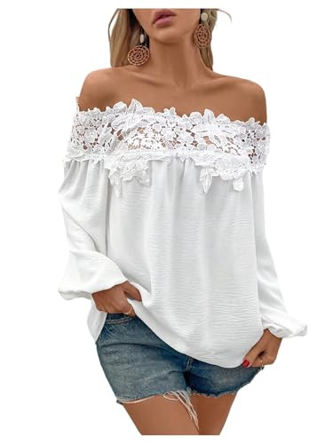 WDIRARA Women's Floral Lace Off Shoulder Blouse Long Bishop Sleeve Top Solid Shirt White Small | Amazon (US)