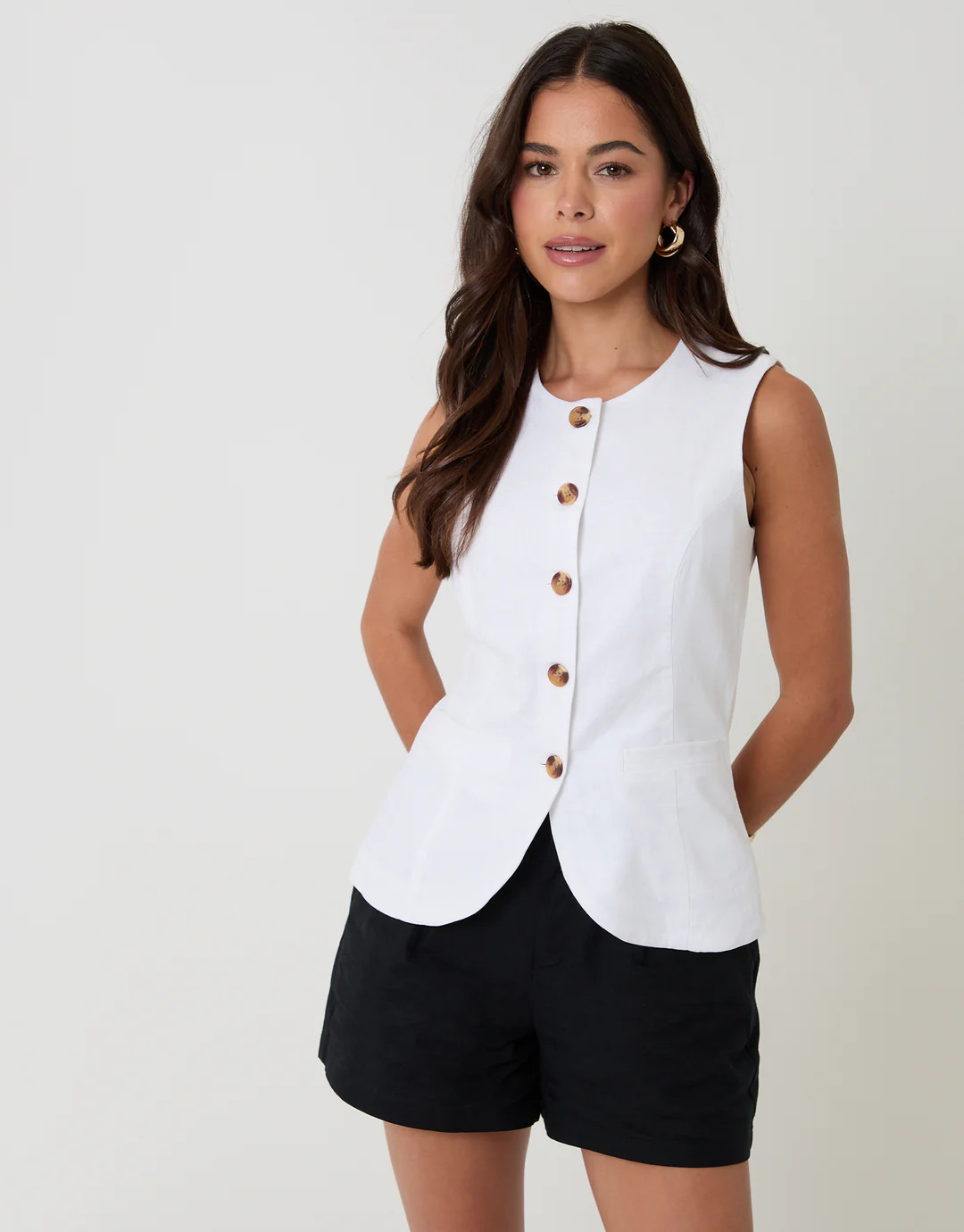White Linen Blend Longline Waistcoat | Threadbare UK