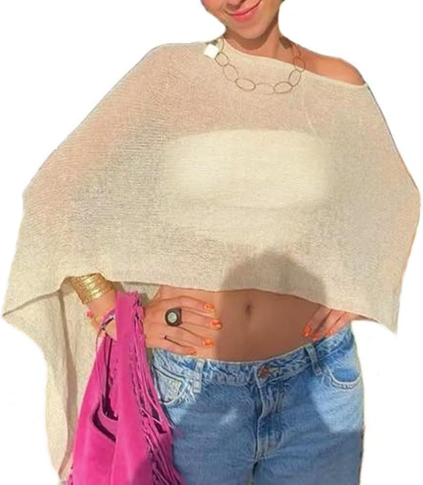 Women Sheer Poncho Top Knit Crochet Lightweight See Through Shawl Summer Shrug Beach Cover Up | Amazon (US)