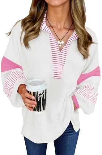 Fisoew Womens Color Block Oversized Sweatshirt Polo V Neck Long Sleeve Shirts Casual Loose Pullov... | Amazon (US)