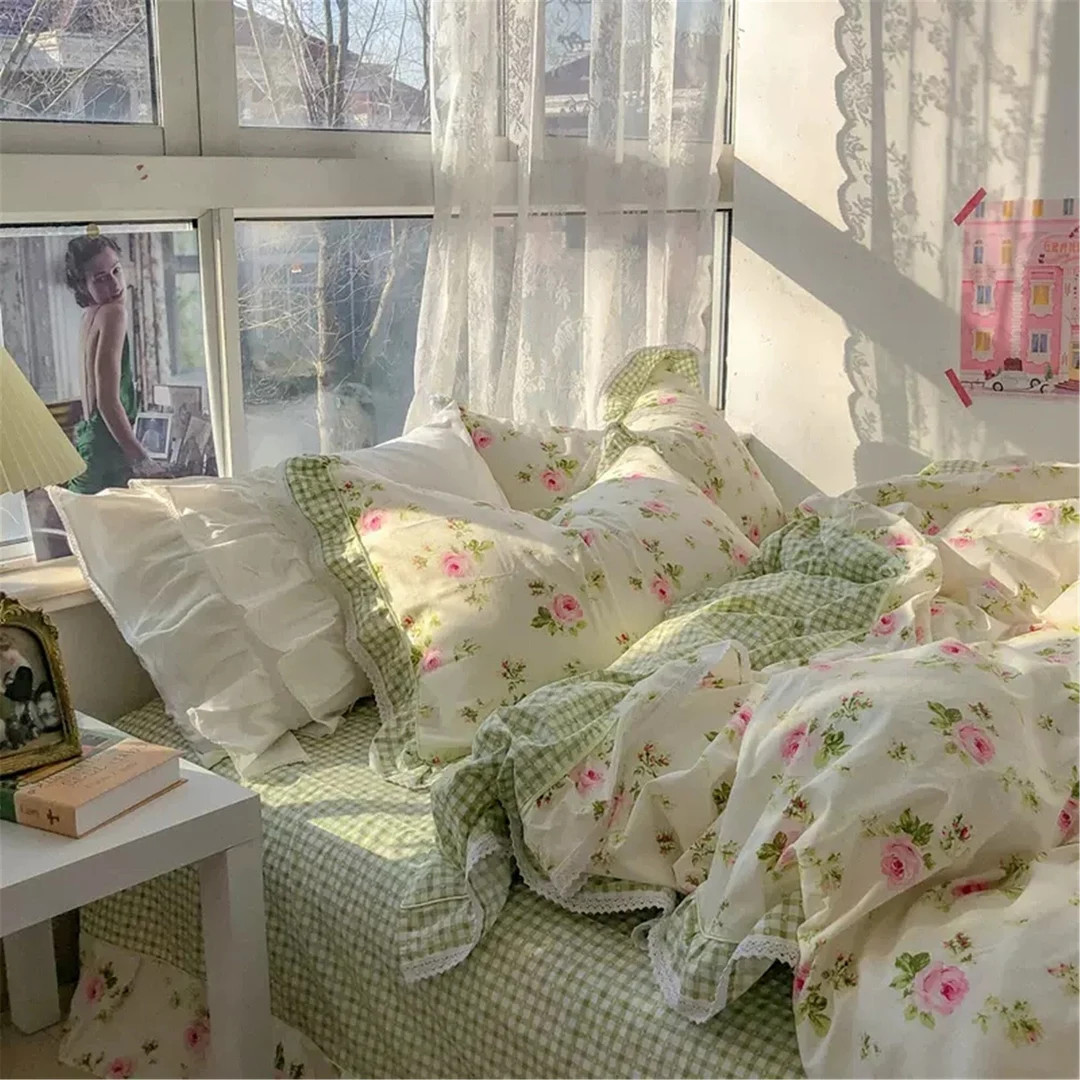 Fresh Rose Green Plaid 100% Cotton Duvet Cover Set, Vintage Floral Bedding, Princess Ruffle Duvet... | Etsy (US)