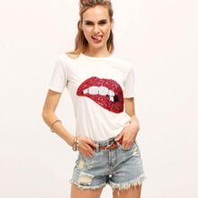 Sequined Sparkely Glittery Cozy Costume Lip Print T-shirt | SHEIN