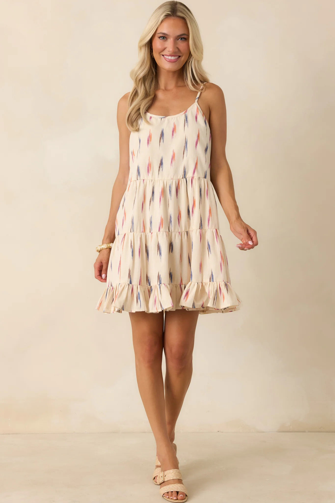 Painted Desert Ivory Multi Print Cotton Tiered Mini Dress | Red Dress