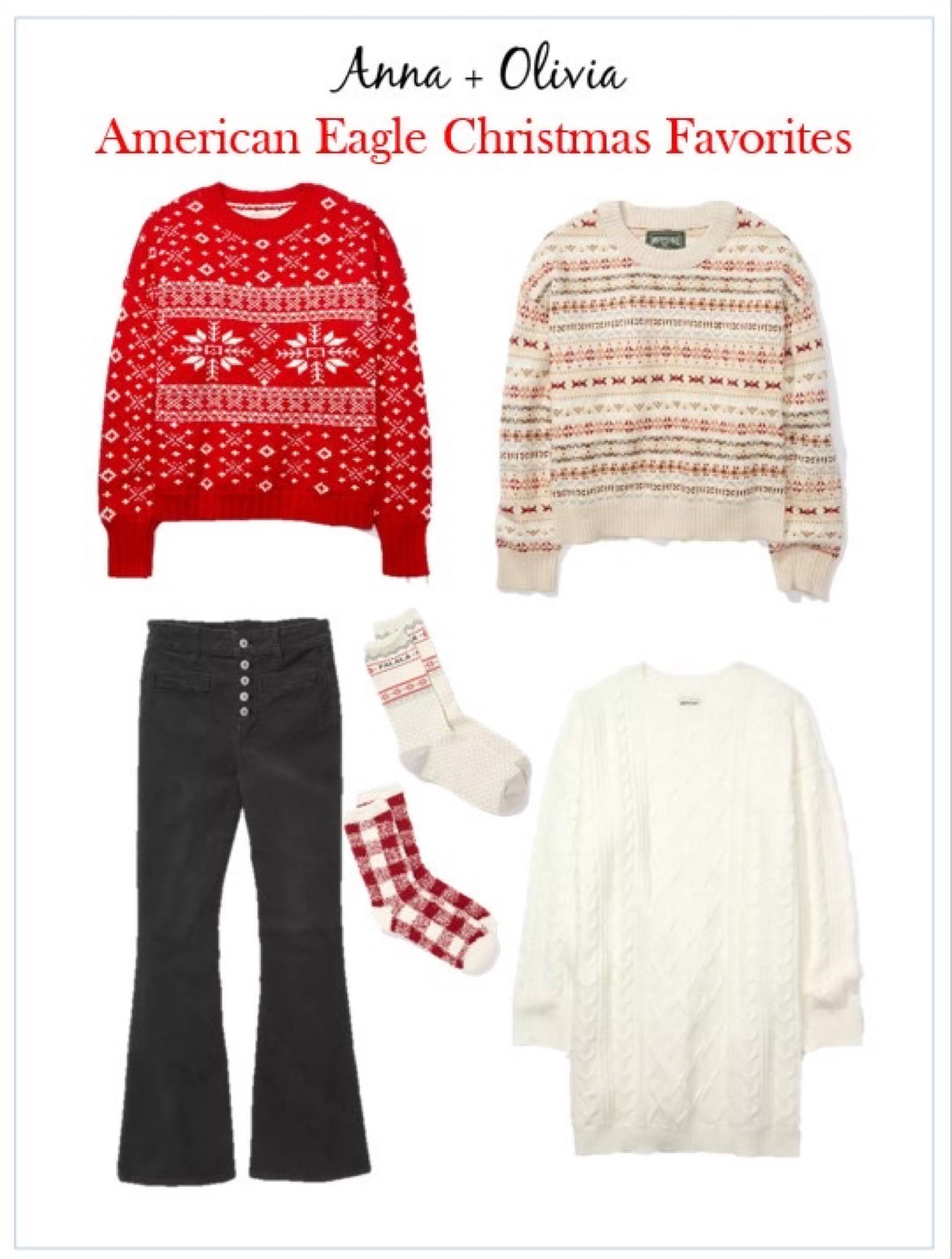 These are some of my top picks from American Eagles holiday collection. These sweaters looks so cute and festive! 

They are also having an amazing sale right now, use code BRRRSALE for a discount, depending on how much you spend 

#LTKHoliday #LTKsalealert #LTKunder100