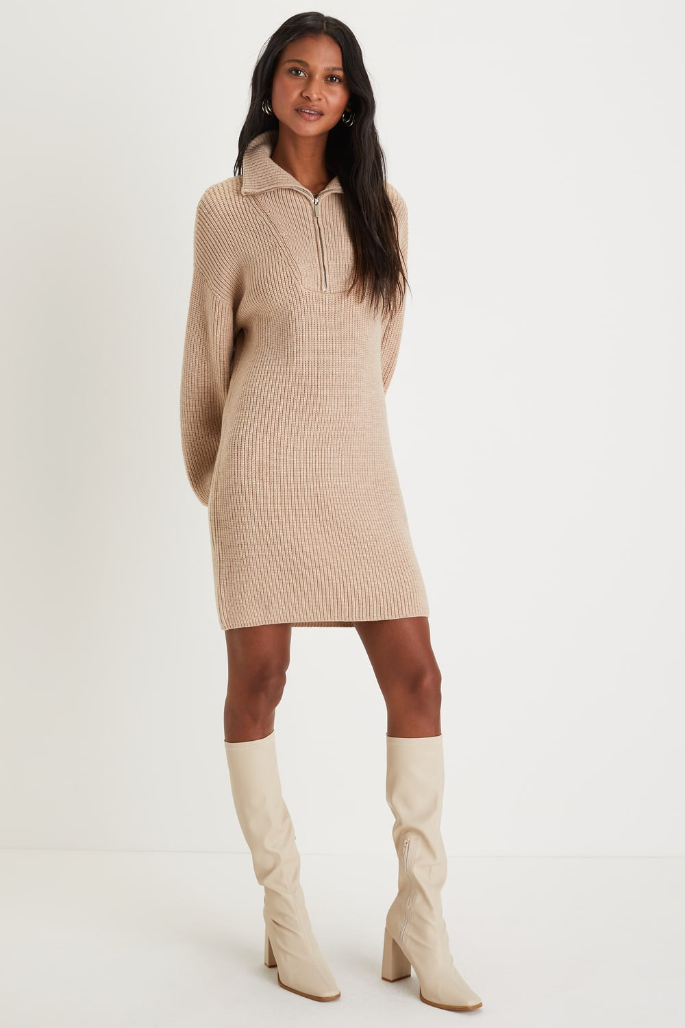 Comfy Moments Beige Quarter-Zip Mini Sweater Dress | Lulus (US)