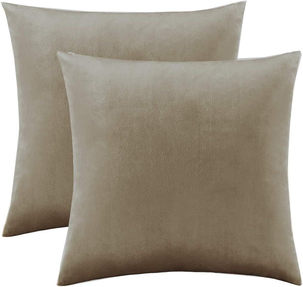 GIGIZAZA Khaki Taupe Velvet Decorative Throw Pillow Covers for Sofa Bed 2 Pack Soft Cushion Cover | Amazon (US)