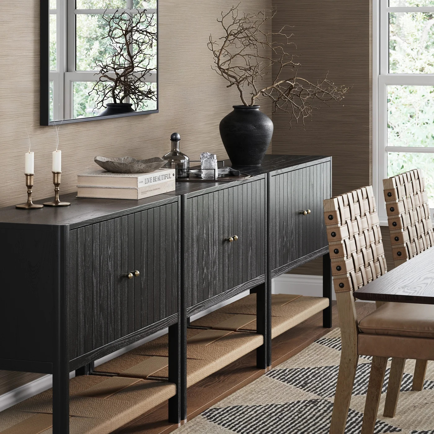 Grooved Door Storage Cabinet Credenza Black Oak (Set of 3) | Nathan James