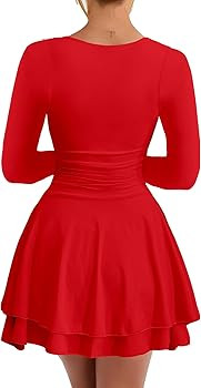 Kaximil Women's Square Neck Ruffle Hem Mini Dress Ruched Waist Long Sleeve Corset Short Party Dre... | Amazon (US)