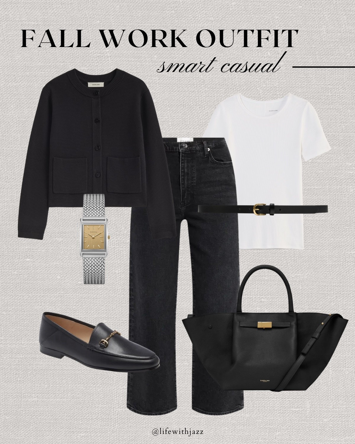 Fall work capsule outfit 

Fall capsule / office outfit / smart casual style/ black short sweater cardigan / white tee / black ankle jeans / Breda watch / loafers / Demellier tote 

#LTKStyleTip #LTKWorkwear