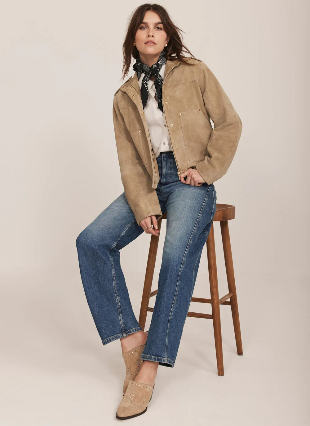 Neutral Suede Funnel Neck Jacket | Mint Velvet