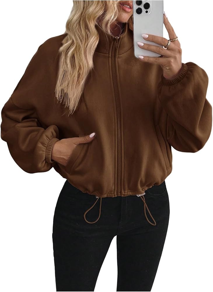 Verdusa Women's Cropped Mock Neck Sweatshirt Zip Up Drawstring Drop Shoulder Jacket | Amazon (US)