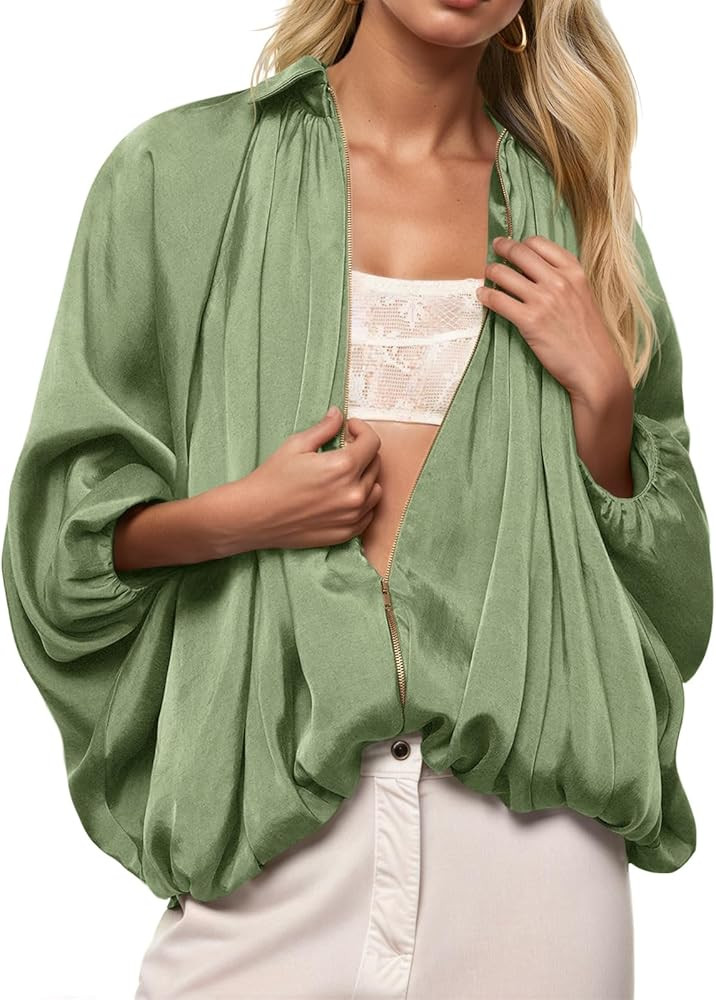 Tankaneo Womens Bomber Jackets Oversized Batwing Sleeve Zip Up Puffed Jacket Lapel Collar Pleated... | Amazon (US)