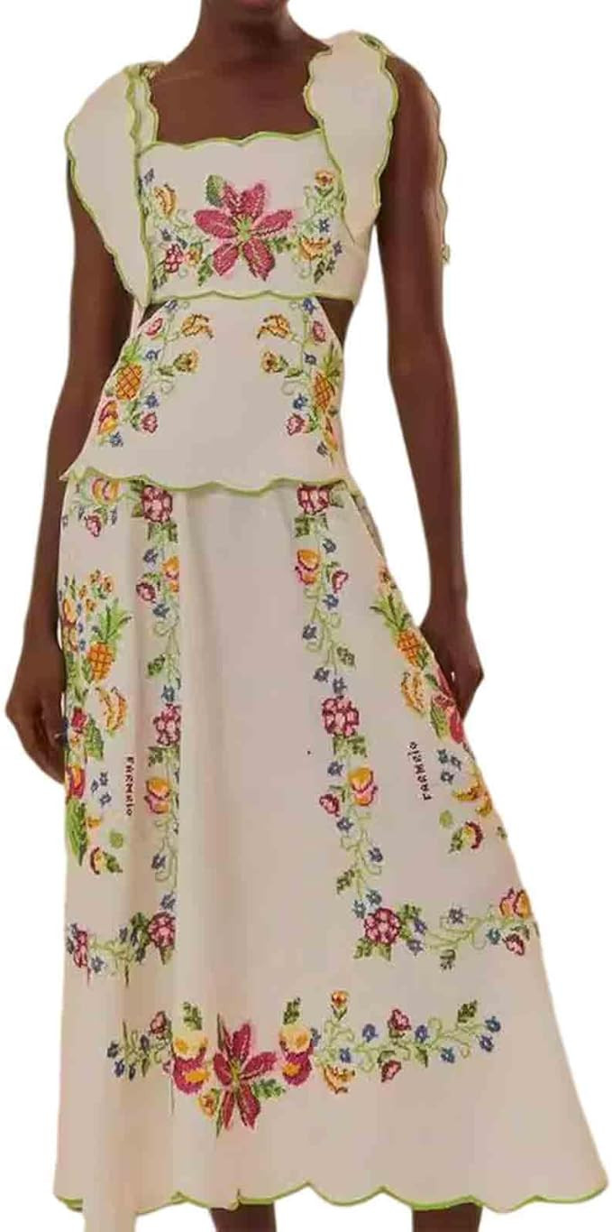 Women's Sleeveless Square Neck Backless Bow Suspender Dress, Floral Embroidery Dress, Long Skirt | Amazon (US)