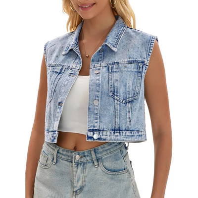 INSPIRE CHIC Women's Turndown Collar Denim Button Down Rhinestones Sleeveless Cropped Jean Jacket Small Light Blue | Target