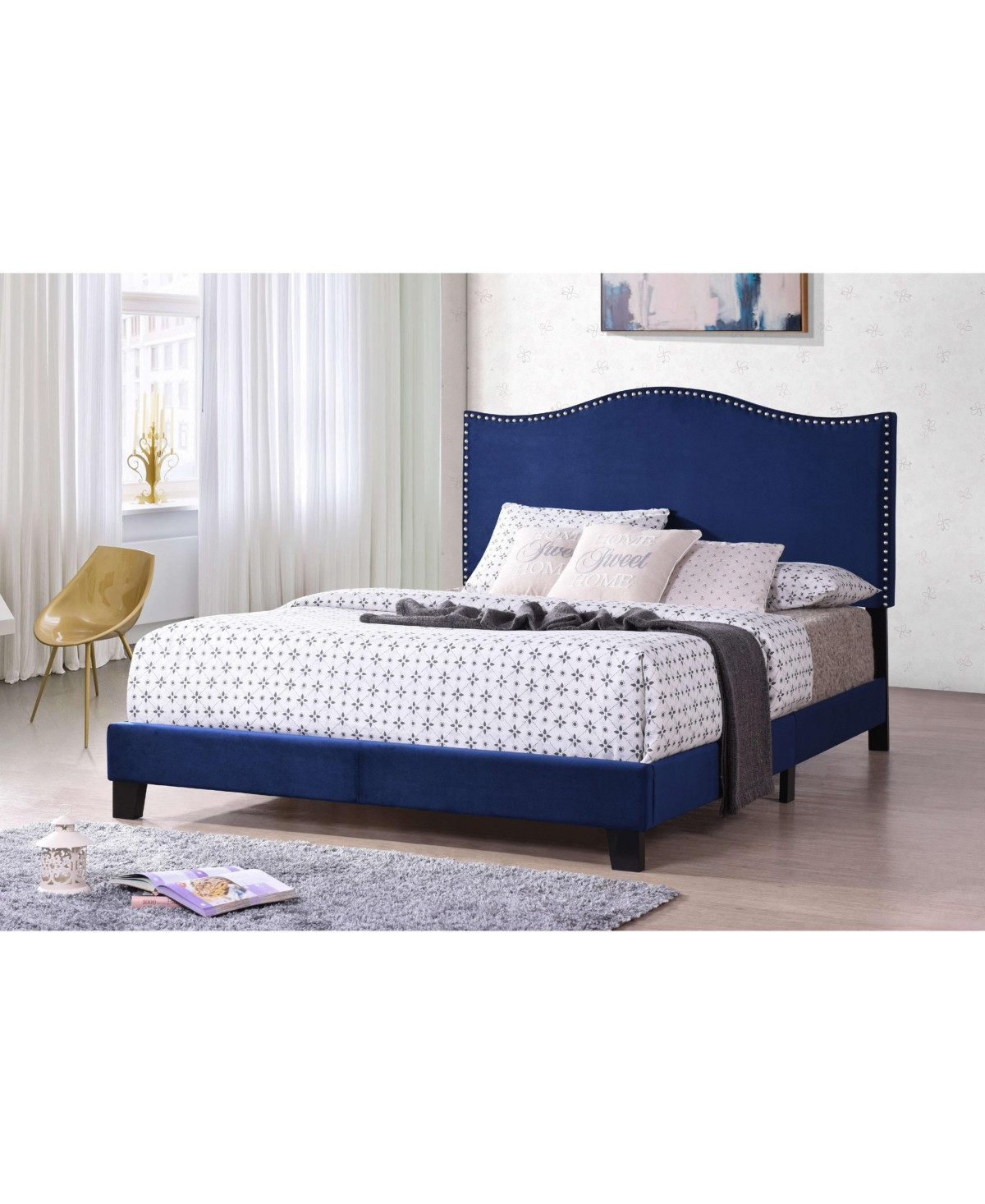 Kings Brand Furniture Transitional Upholstered Bed Velvet with Nailhead Trim and Espresso Wood Legs - Blue velvet upholstery | Macy's