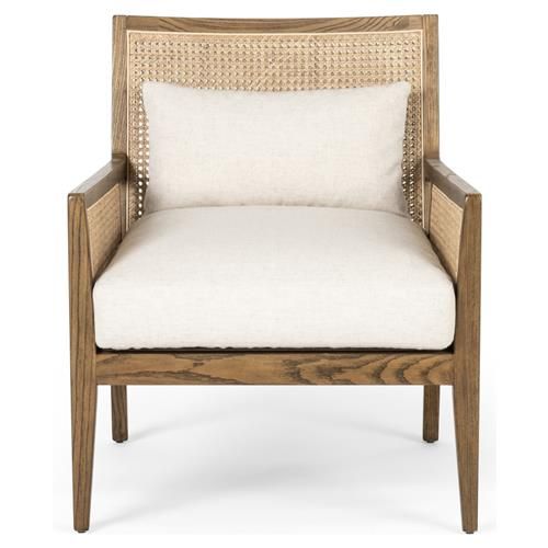 Annette Coastal Beach White Linen Woven Cane Brown Wood Occasional Chair | Kathy Kuo Home