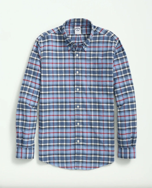 Brooks Brothers Men's Portuguese Flannel Polo Button Down Collar, Plaid Shirt | Light Blue | Size XS | Brooks Brothers