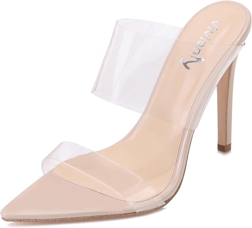 Clear Pointed Toe Heels Sandals Transparent Strap Stiletto High Heels Slip on Mules for Women | Amazon (US)