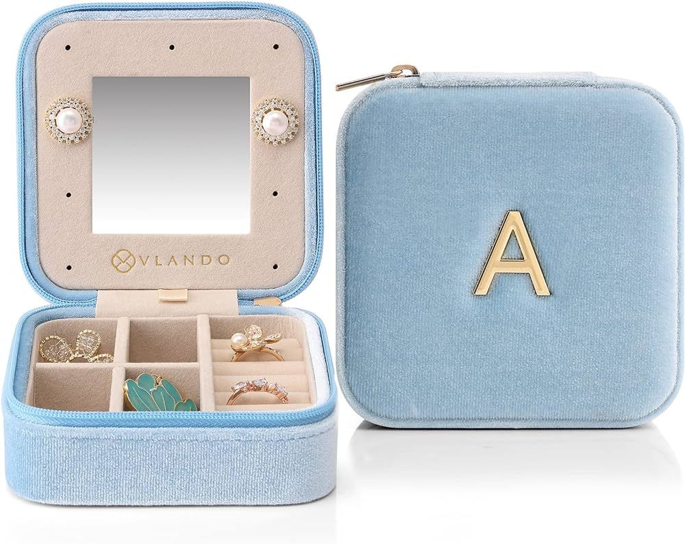 Vlando Plush Velvet Travel Jewelry Case, Personalized Initial Jewelry Boxes for Women Girls, Mini... | Amazon (US)
