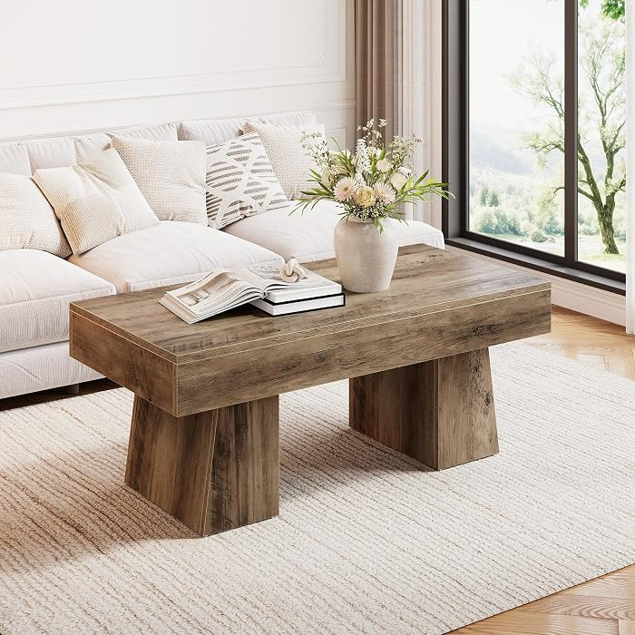 LITTLE TREE Farmhouse Coffee Table, 47 Inches Wooden Rectangular Accent Center Tables with Thick Base, Modern Low Cocktail Tea Furniture for Living Room (Rustic Brown) | Amazon (US)
