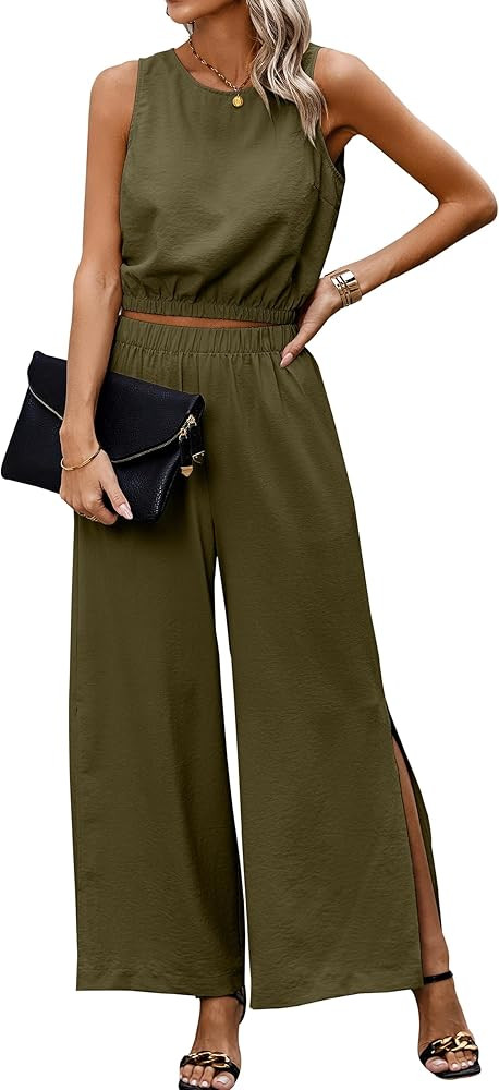 AOVDE Conjunto de dos piezas para mujer, sin mangas, camiseta corta sin mangas, con abertura, pan... | Amazon (US)