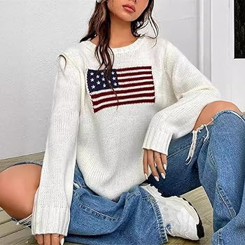 Women's American Flag Sweater Vintage Star Print Long Sleeve Crew Neck Sweater Top 4th of July Kn... | Amazon (US)