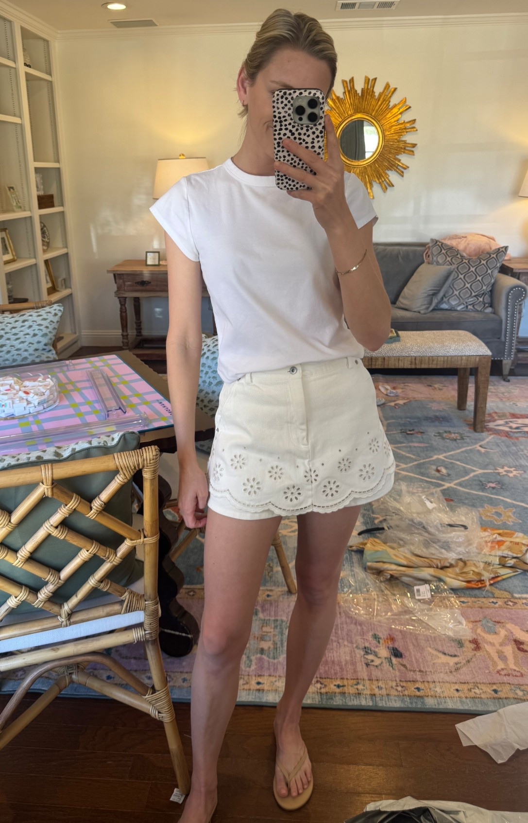 Eyelet denim skort for under $35 paired with my favorite $10 t-shirt! Easiest summer look!