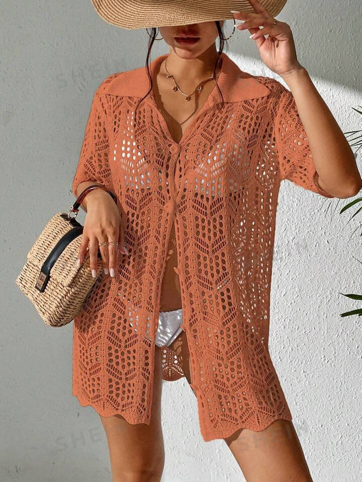 SHEIN Swim Vcay Women's Fashionable Crochet Open-Front Kimono With Collar For Summer Beach | SHEIN