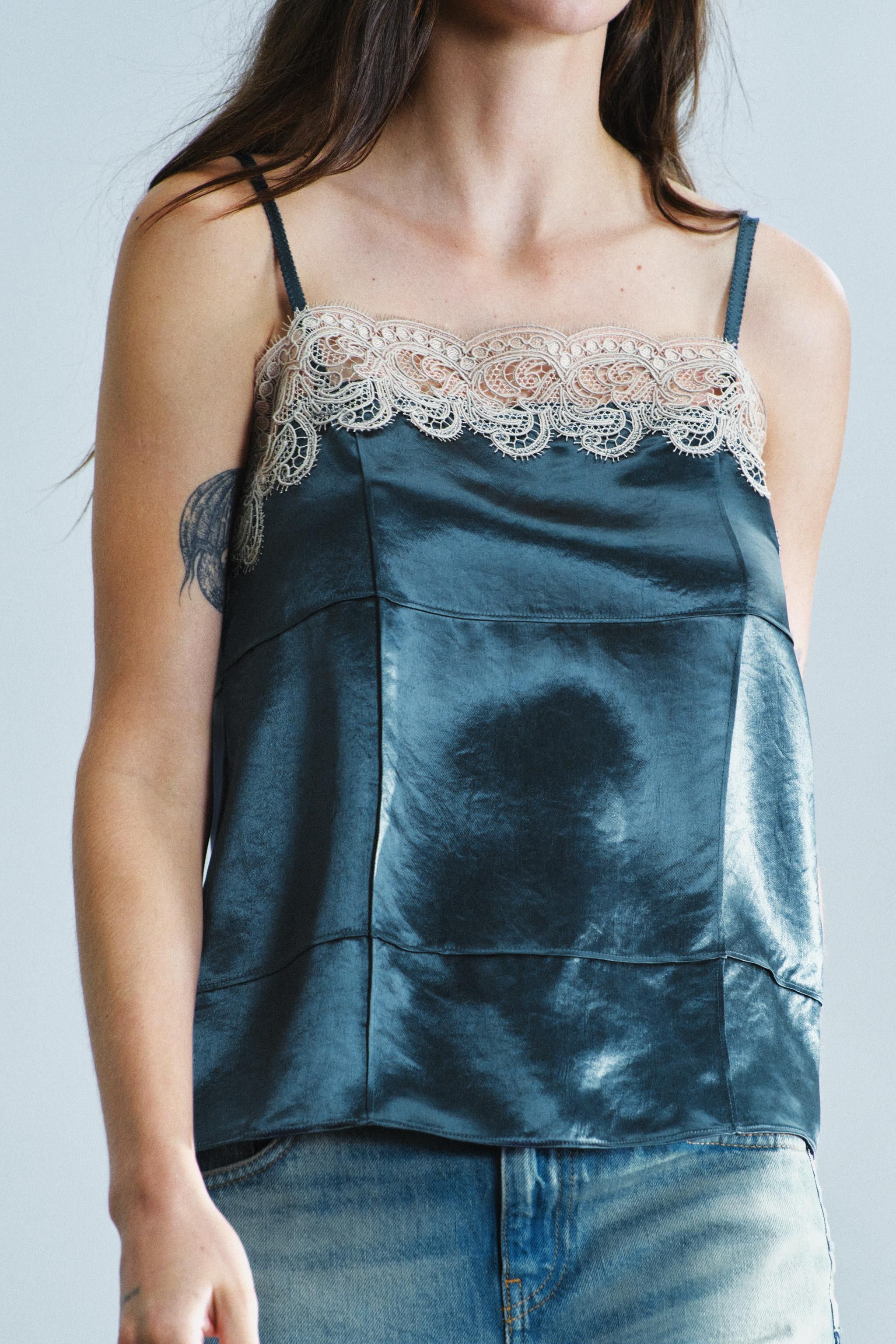 ZW COLLECTION CONTRAST LACE LINGERIE-STYLE TOP | Zara UK