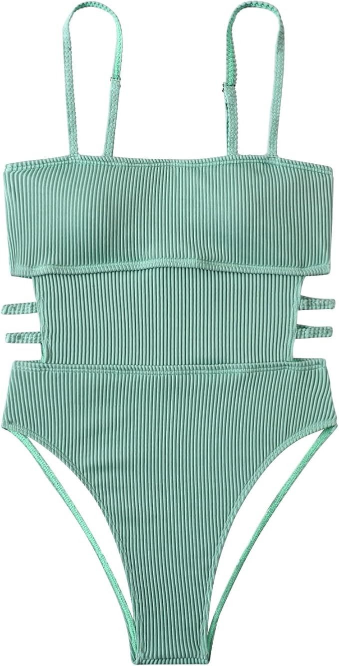 Inadays Women's One Piece Swimsuit Ribbed One Piece Swimwear Cutout Tummy Control Bathing Suit | Amazon (US)