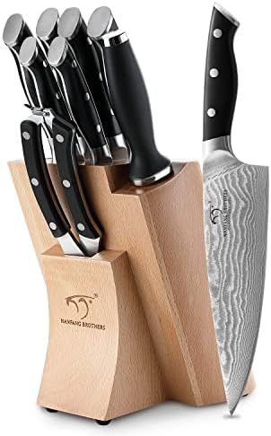 NANFANG BROTHERS Knife Set, 9-Piece Damascus Kitchen Knife Set with Block, ABS Ergonomic Handle f... | Amazon (US)