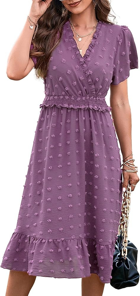 BTFBM Elegant Short Sleeve V Neck Swiss Dot Midi Summer Dresses for Women 2023 Boho Ruffle Long D... | Amazon (US)