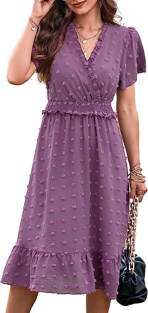 BTFBM Elegant Short Sleeve V Neck Swiss Dot Midi Summer Dresses for Women 2023 Boho Ruffle Long D... | Amazon (US)