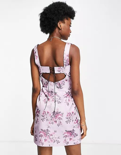 ASOS DESIGN structured corset mini dress with cut out deatil in floral print | ASOS (Global)