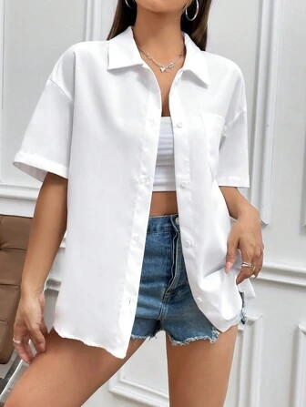 SHEIN EZwear Women's Solid Color Short Sleeve White Shirt | SHEIN
