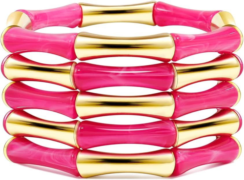Gold Tube Bangle Bracelets for Women Stackable Bamboo Chunky Acrylic Beads Stretch Friendship Sum... | Amazon (US)