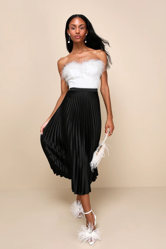 Fashionable Babe Black Satin Pleated Midi Skirt | Lulus