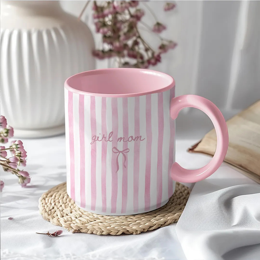 Personalized Girl Mom Mug | Custom Pink Stripe Coffee Cup | Coquette Bow Aesthetic Gift for Mom o... | Etsy (US)