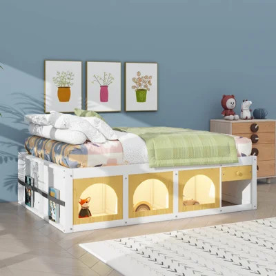 Platform Bed With Side Bookcase & LED Lighting, Wooden Bed With Storage Cubby And Drawer, Headboard-Free | Wayfair North America
