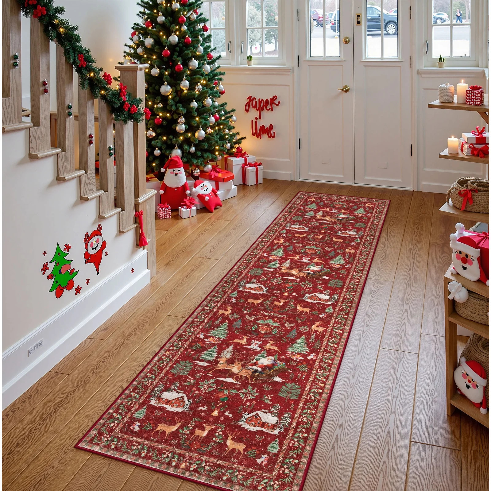 Lahome Decor Christmas Hallway Runner Rug, 2' x 10', Elk, Snowflakes, Christmas Tree, Sleigh, Hou... | Walmart (US)