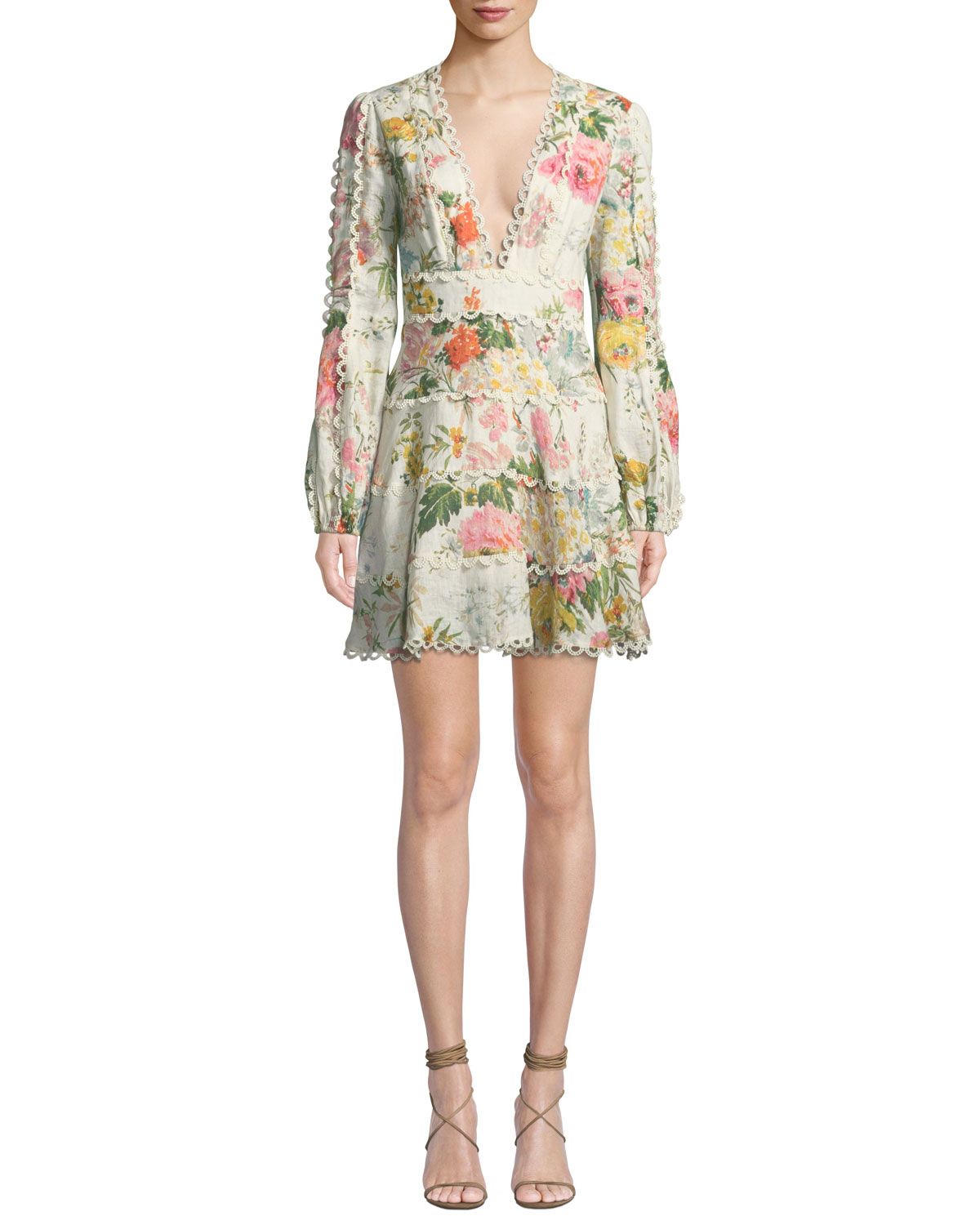 Heathers Floral-Print Linen Long-Sleeve Mini Dress | Neiman Marcus