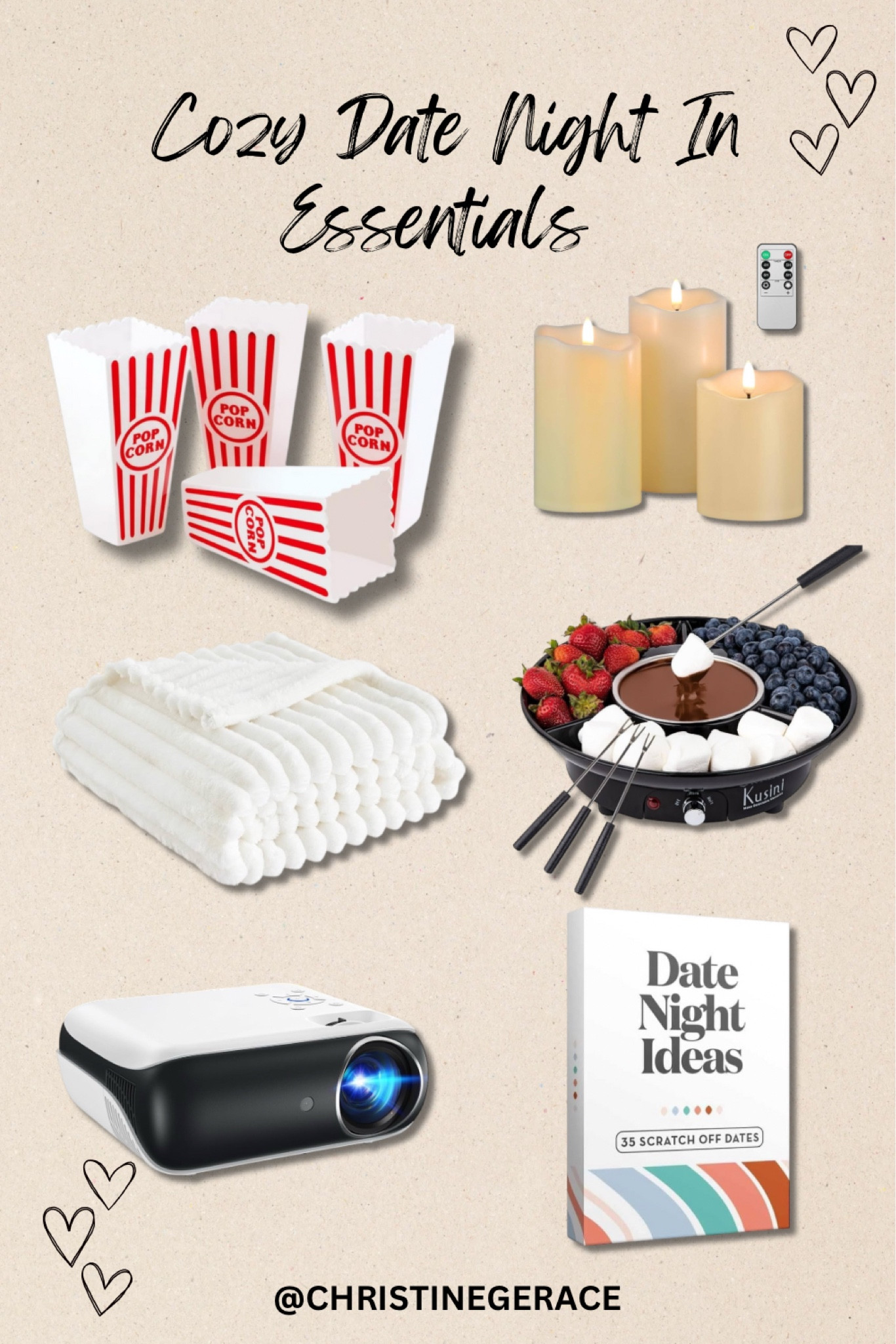 Cozy date night in essentials! 

Cozy, blanket, flameless candles, s’mores kit, projector, date, night idea, ideas book, popcorn holders, date night, Amazon finds 

#LTKGiftGuide #LTKHome #LTKFindsUnder50