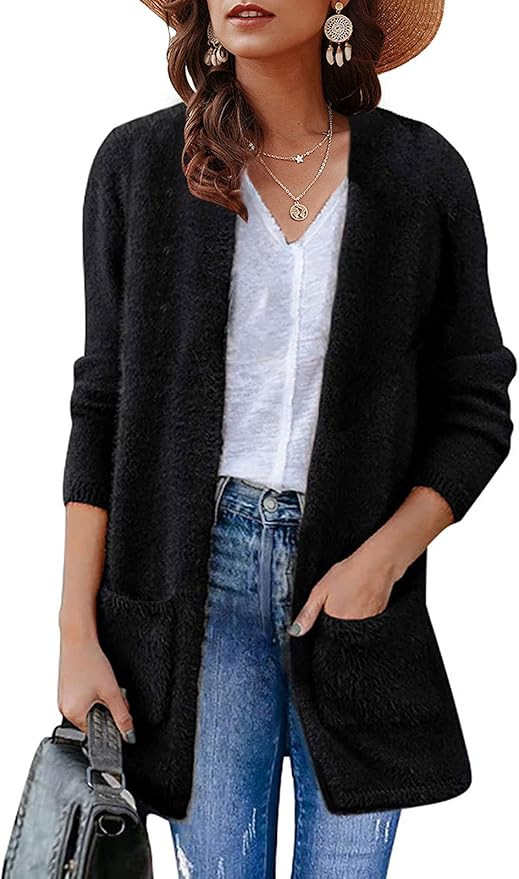 ZESICA Women's Fuzzy Cardigan Long Sleeve Open Front Casual Sweater with Pockets | Amazon (US)