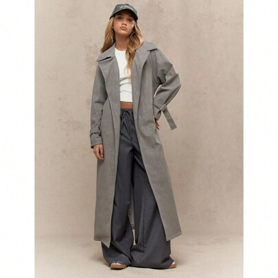 Long Lapel Collar Belted Longline Trench Coat | SHEIN